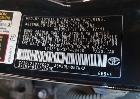 2015 Toyota Camry Le z USA, uszkodzony, nr VIN 4T4BF1FK3FR466420